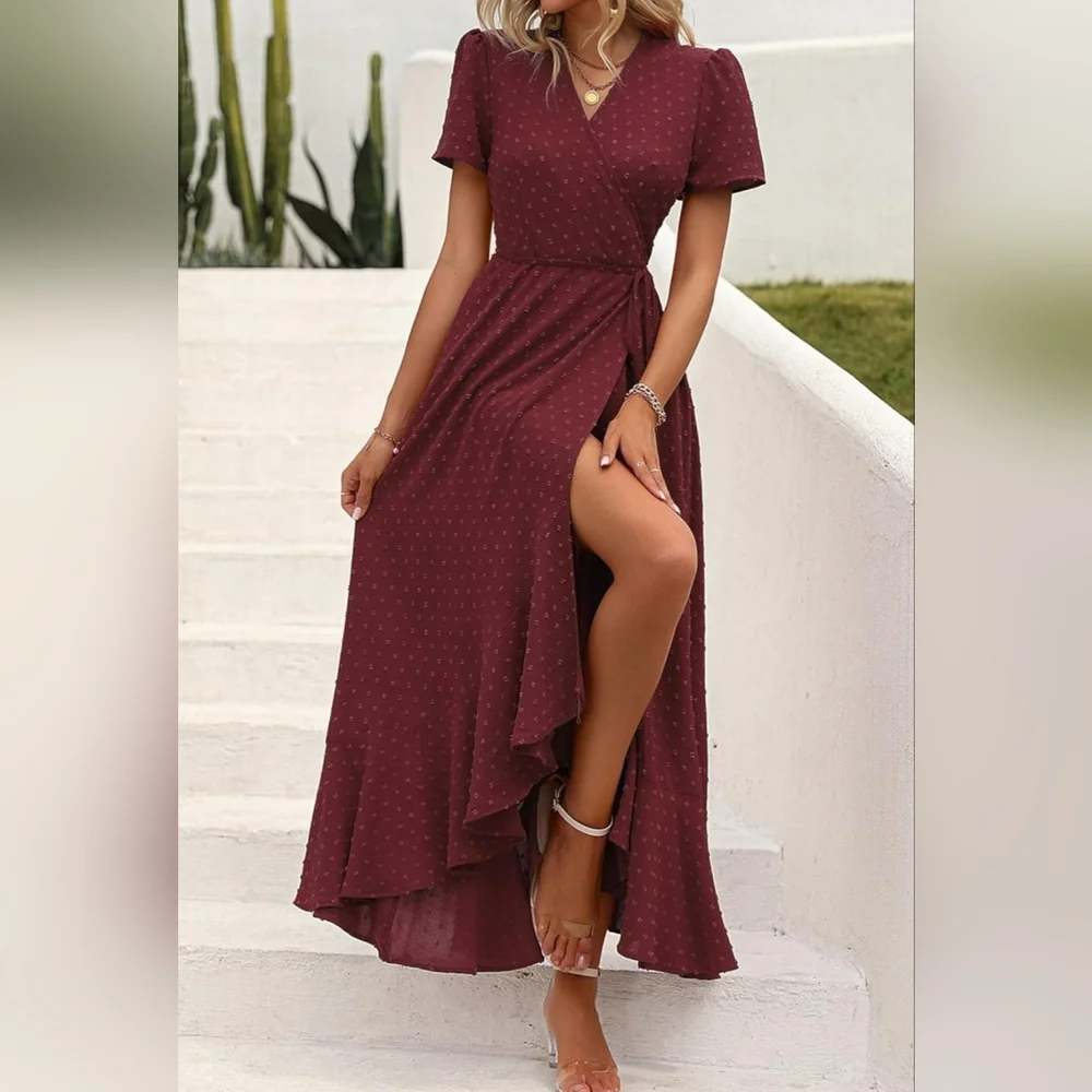 Swiss Dot Burgundy Wrap Dress - Picture 4 of 11